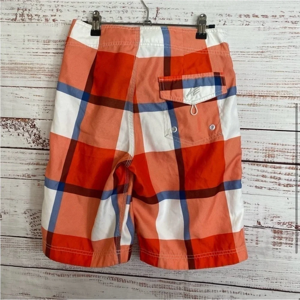 American eagle plaid orange drawstring board swimming shorts